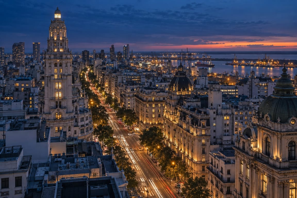 A city at dusk. Through the Lens, gold lines of light join its tower, its domes and its port.