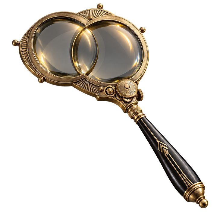 The Lens: two overlapping round lenses in an engraved brass frame with an ebony handle.