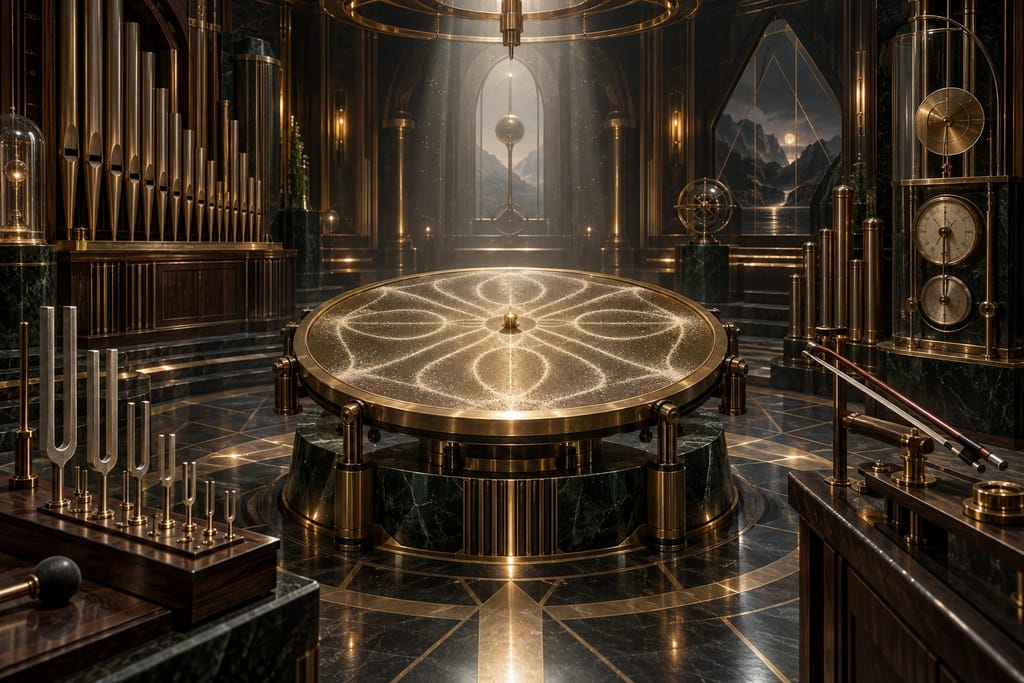 A brass plate covered in sand that forms a geometric pattern, among organ pipes and tuning forks.