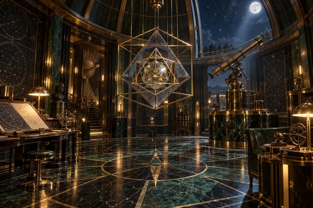 An observatory with nested brass-and-glass Platonic solids, a telescope and a marble floor inlaid with gold.