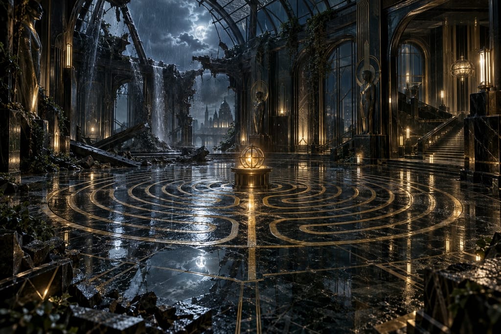 A ruined hall in the rain, with a glowing gold labyrinth inlaid in the wet marble floor.