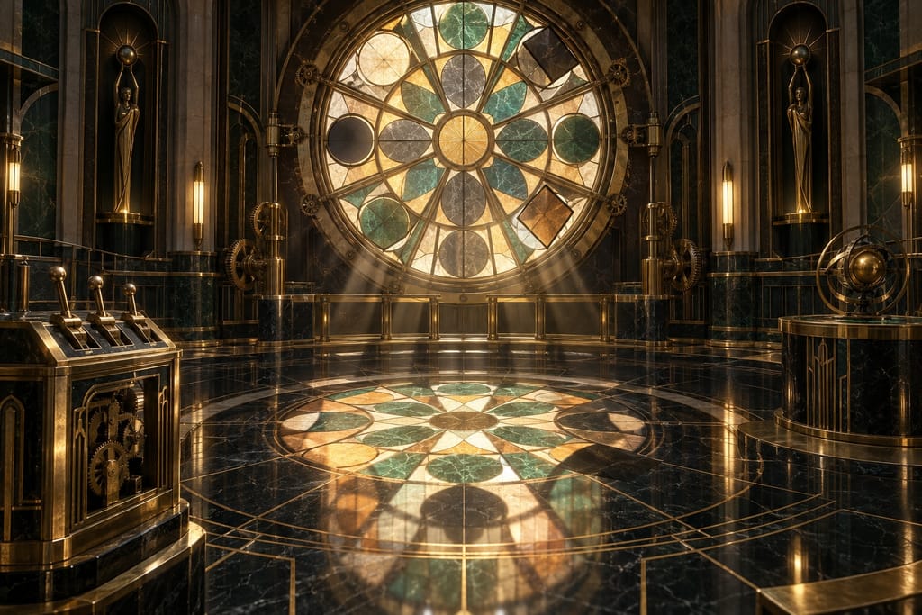 A round chamber where a giant rose window projects a coloured pattern onto a black marble floor.