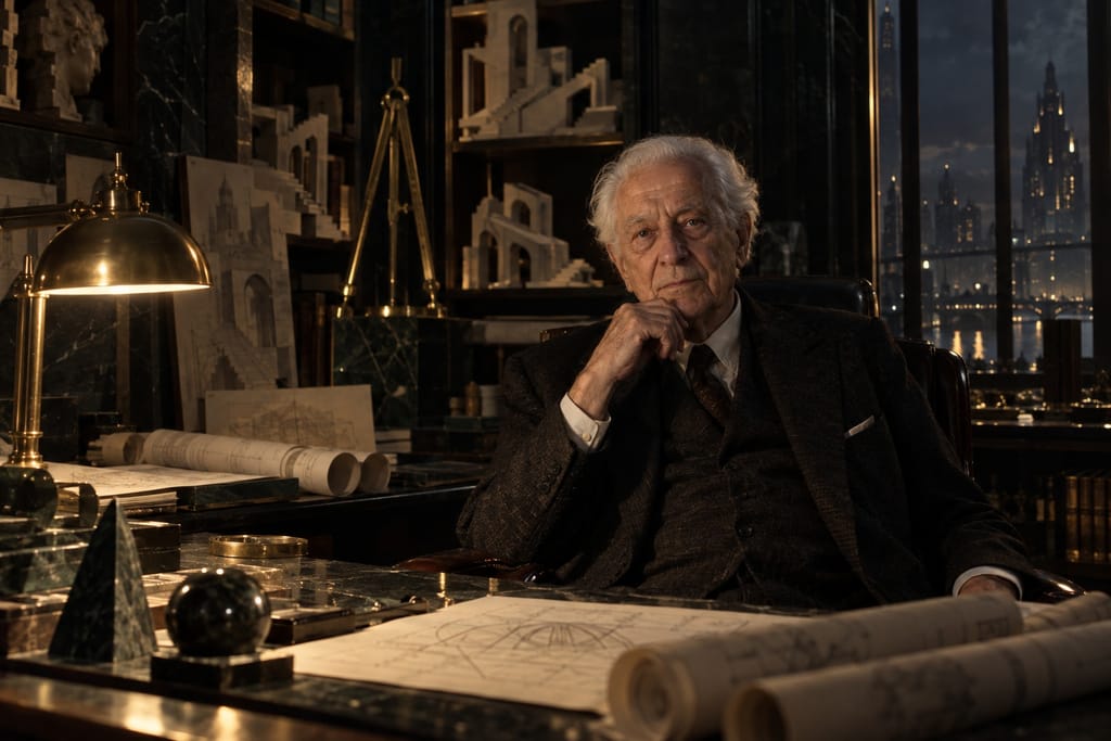 Julian Aster, very old, looks into the camera from his dark art-deco study.